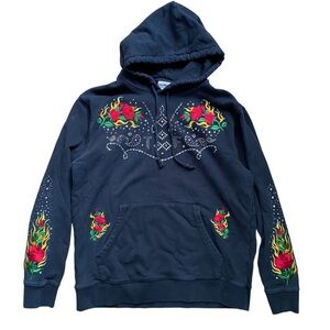 Teddy Fresh Rhinestone Cowboy Hoodie Unisex Large Embroidered Rose Sequin Black
